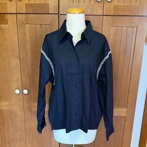 Sandro Navy Button-Up Shirt with silver chain clear rhinestone at top of sleeves